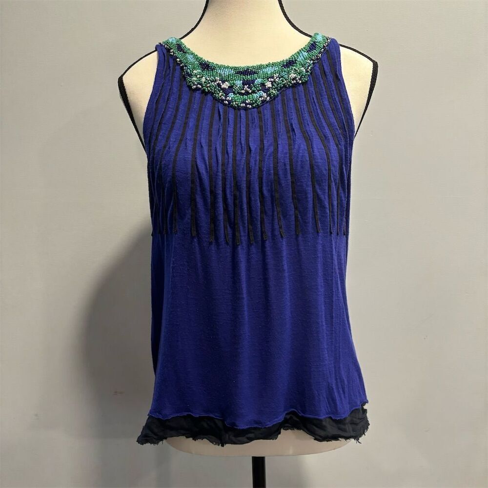 Anthropologie Rio Rao Women's Blue Beaded Sleeveless Blouse Size Small